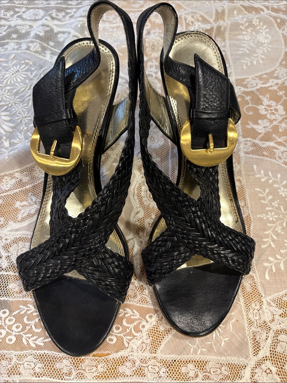 Enzo Angiolini Black Braided Slingback Heels with Gold Buckle